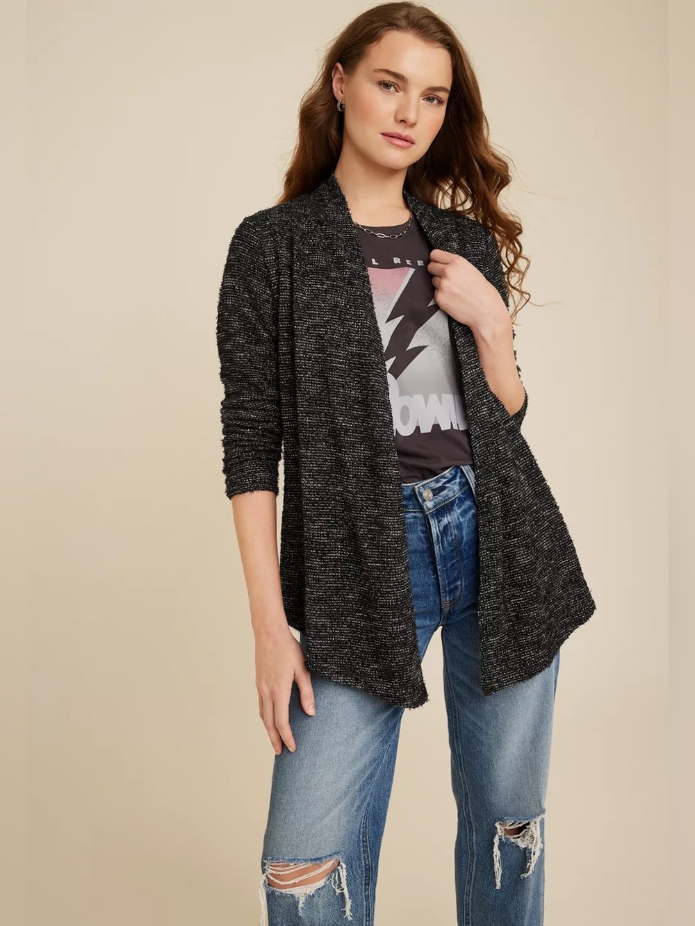 Maurices Cardigan open front waterfall Black 2X Asymmetrical Grunge Fall Winter
